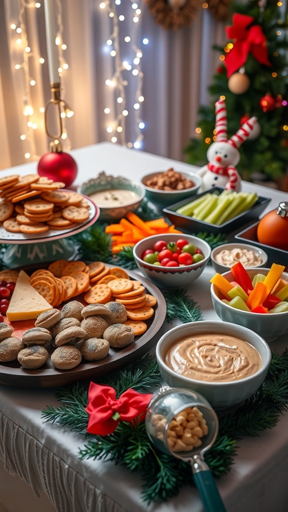 A festive table with various Christmas party appetizers including stuffed mushrooms, cheese platter, and dips.